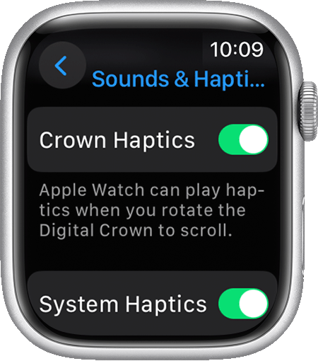 Apple Watch showing the Crown Haptics and System Haptics settings Sounds & Haptics screen in Settings