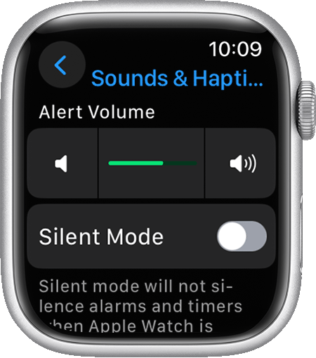 Apple Watch showing the Sounds & Haptics screen in Settings