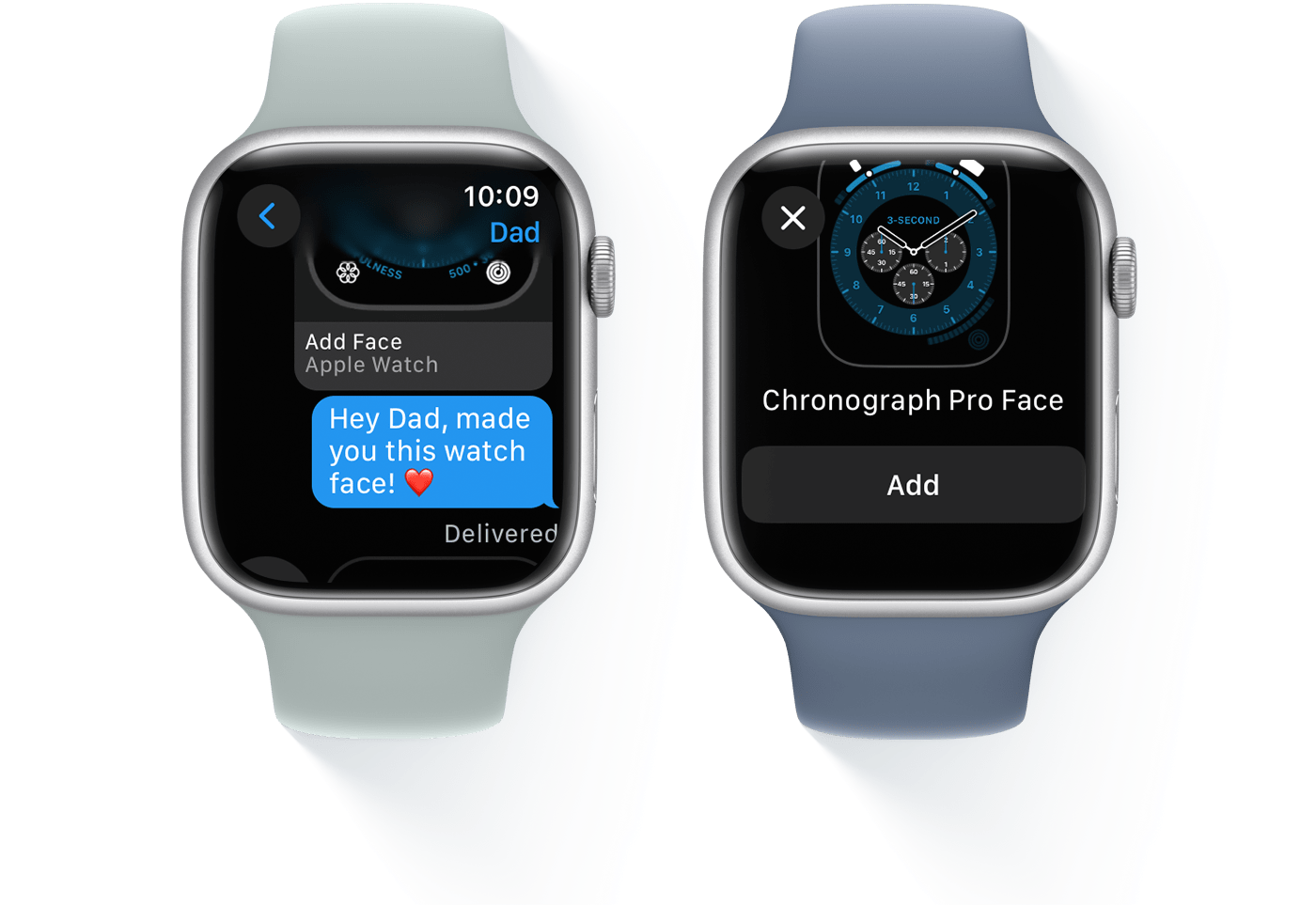 Two Apple Watches, one showing a text message conversation and the other showing Chronograph Pro Face