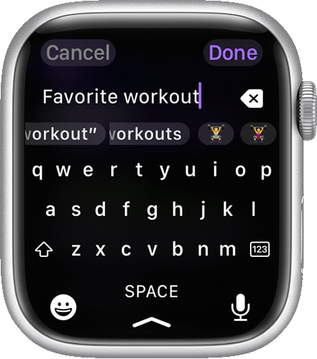 Een aangepaste training op een Apple Watch een naam geven.