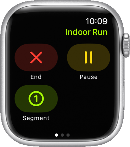 De opties 'Stop', 'Pauzeer' en 'Segment' tijdens een training 'Binnen hardlopen' op Apple Watch.