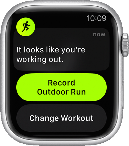 Un rappel pour commencer à enregistrer un exercice Course (plein air) sur l’Apple Watch.