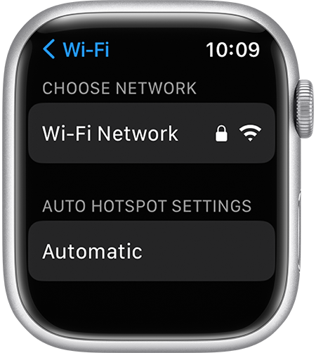 Apple Watch Wi-Fi settings screen showing Auto Hotspot Settings option