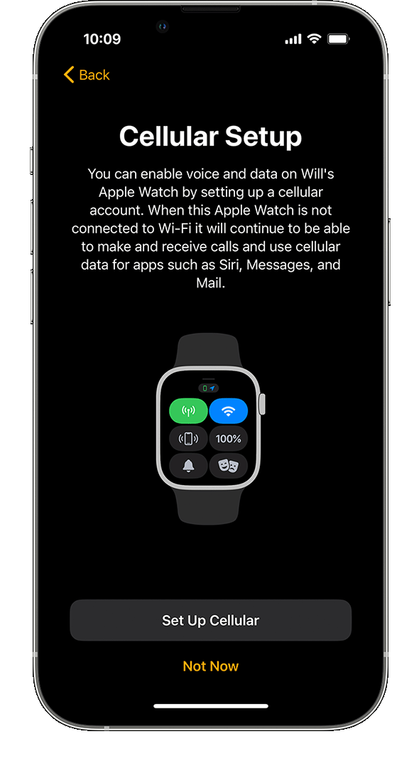 Layar Pengaturan Seluler selama pengaturan Apple Watch di iPhone.