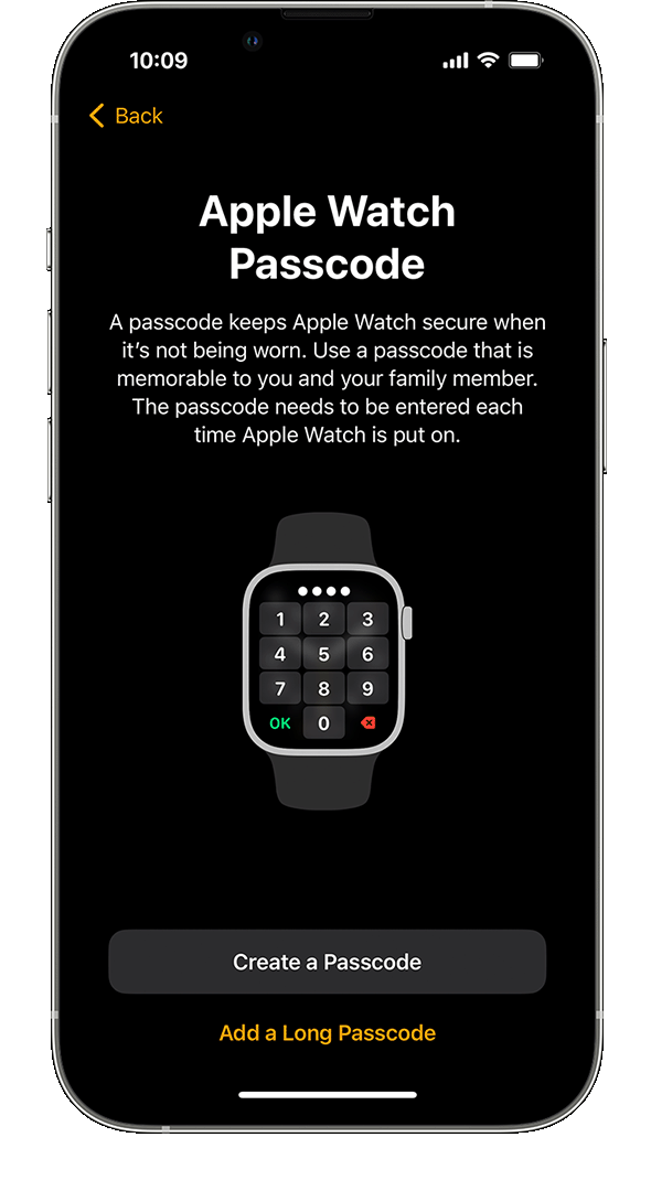 Layar pengaturan kode sandi Apple Watch di iPhone.