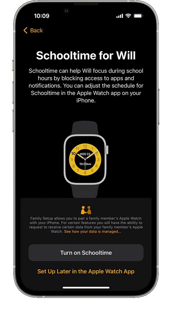 Pilihan Schooltime selama pengaturan Apple Watch di iPhone.