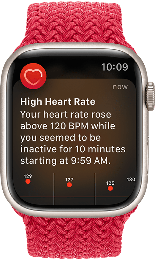 An Apple Watch that shows a High Heart Rate notification