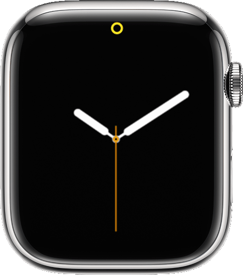Apple Watch met het symbool van de energiebesparingsmodus bovenaan het scherm