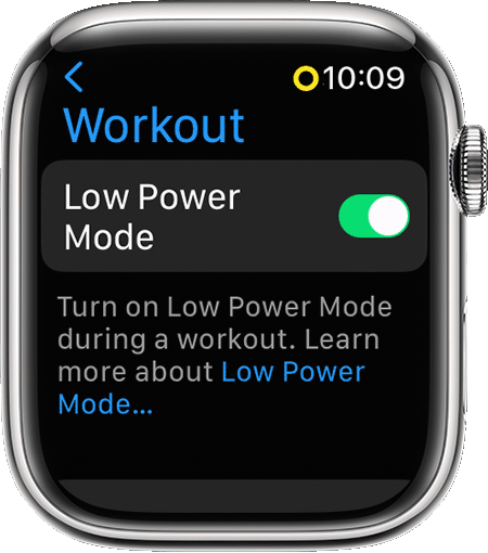 Apple Watch showing Low Power Mode in Workout settings