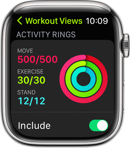 Een Apple Watch met de voortgang voor de activiteitsringen tijdens een hardloopsessie.