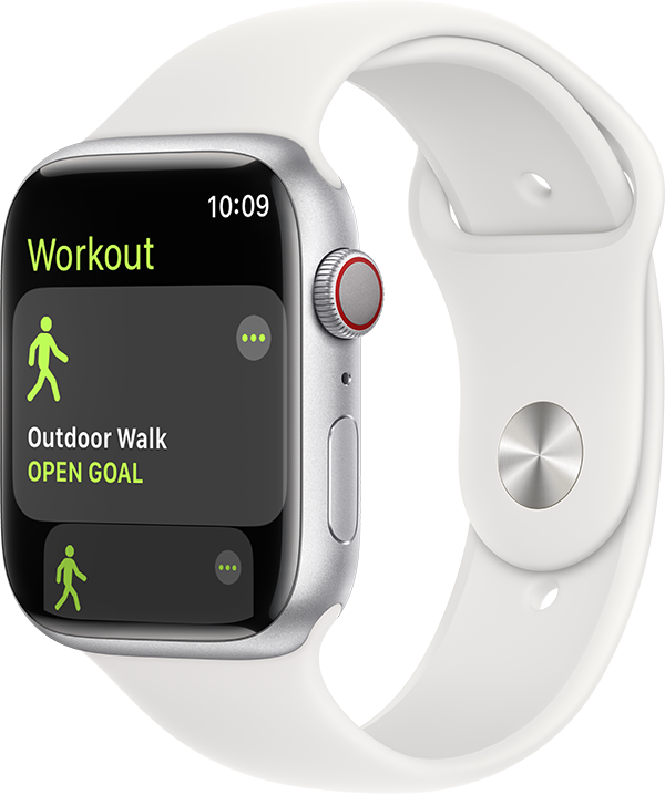 Outdoor Walk workout on watch with white band.