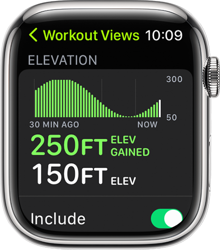 An Apple Watch that shows the Elevation metric during a run.