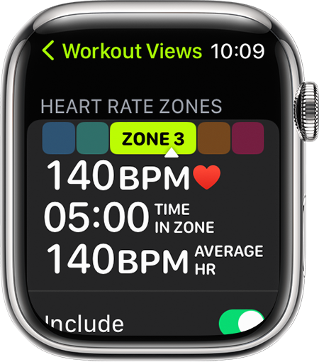 An Apple Watch that shows the Heart Rate Zone metric during a run.