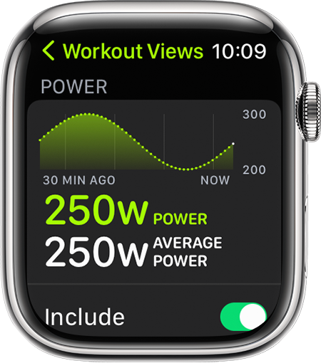 在跑步期間顯示「跑步功率」體能訓練指標的 Apple Watch
