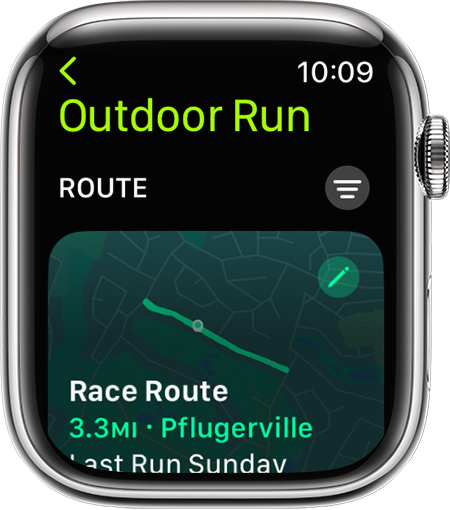 An Apple Watch that shows an available route to race.