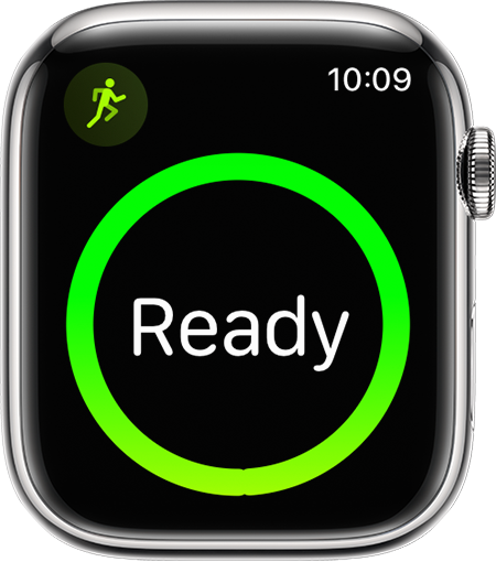 Een Apple Watch met daarop het begin van een hardloopwork-out.