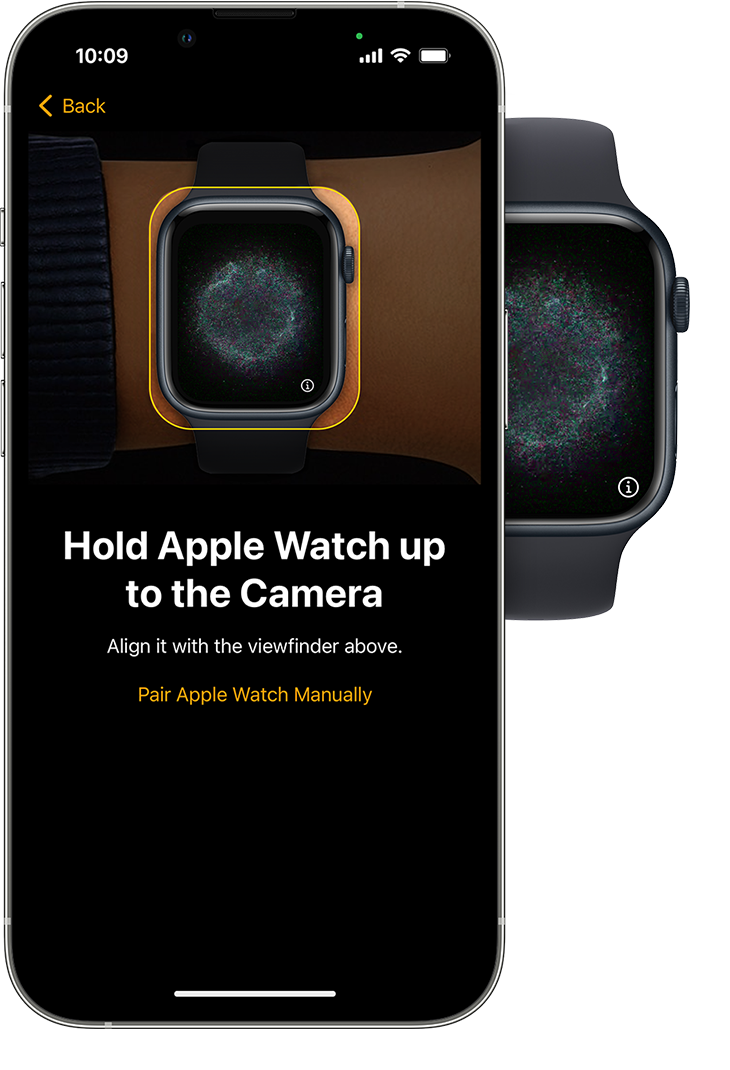 An iPhone screen that shows how to position your Apple Watch in the center of the viewfinder on your iPhone.