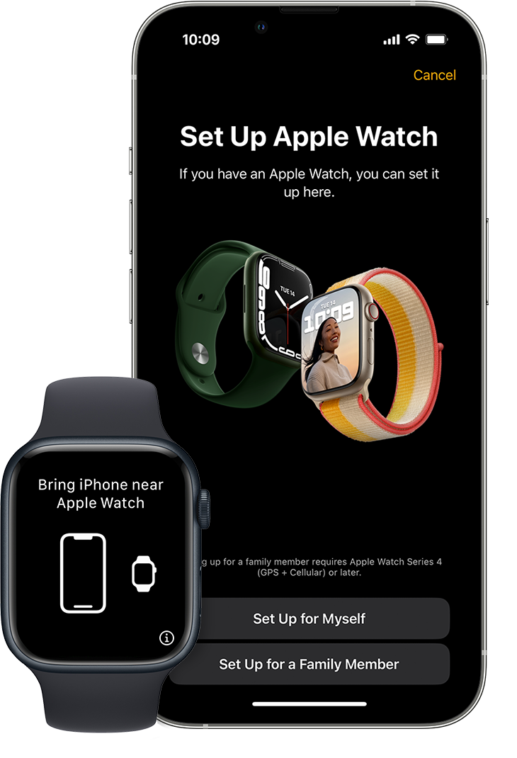 Layar pengaturan awal untuk memasangkan jam tangan baru di iPhone dan Apple Watch.