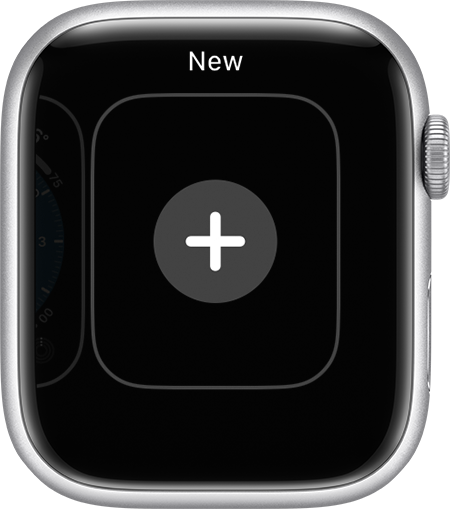 Apple Watch face showing a plus button to add a watch face