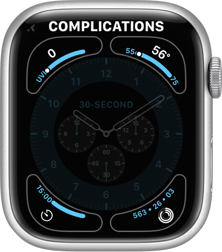 Mostrador do Apple Watch mostrando complicações