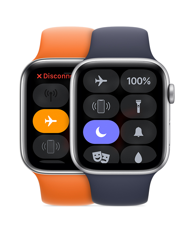 Apple Watch עם האפשרות 'נא לא להפריע' מופעלת ומכשיר נוסף שבו 'מצב טיסה' מופעל.