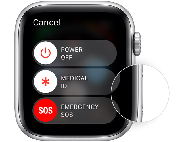 Apple Watch showing where the side button is as well as the Power Off slider.