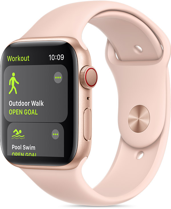Outdoor Walk workout on watch with light pink band.