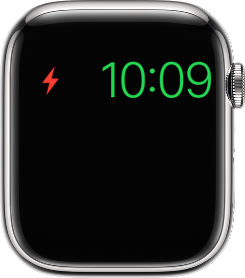 Apple Watch showing the low battery icon at the top of its screen
