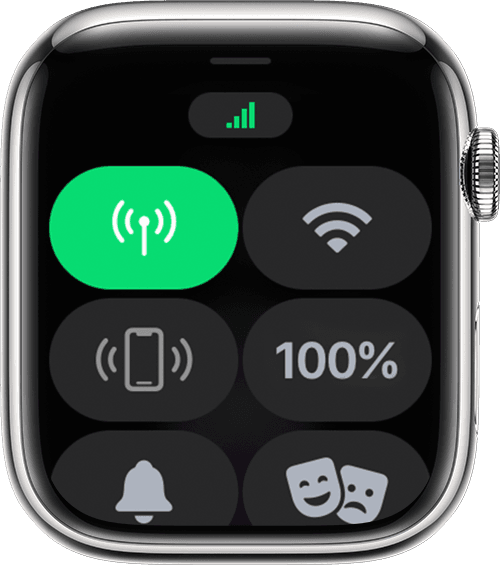 Egy Apple Watch, amelynél a képernyő tetején a mobilhálózati lefedettség sávjai láthatók
