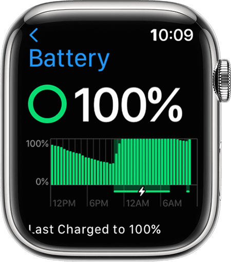 Экран Apple Watch со сведениями о заряде в приложении «Настройки»