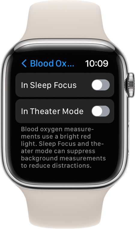 „Apple Watch Series 7“ rodoma programos „Blood Oxygen“ nuostatų ekrano nuotrauka.