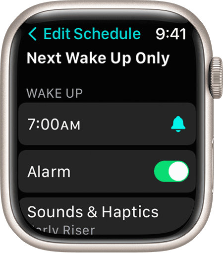 An Apple Watch screen showing the options to edit Next Wake Up Only