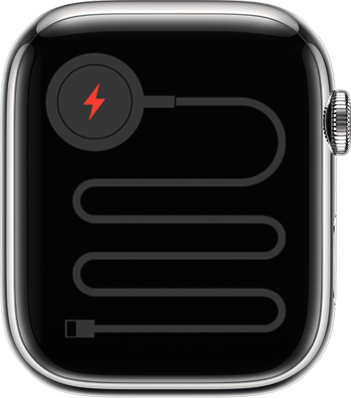 Apple Watch na kojem se prikazuje ikona koja ukazuje na to da se sat treba priključiti na napajanje