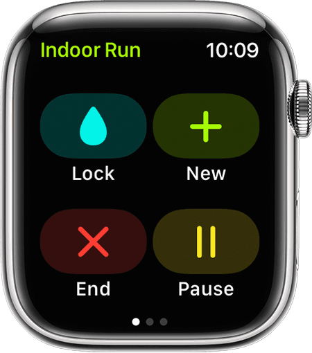 The Lock, New, End and Pause options during an Indoor Run workout on Apple Watch.