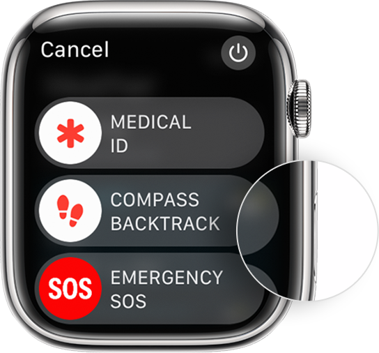 Apple Watch στο οποίο εμφανίζεται η θέση του πλευρικού κουμπιού, καθώς και του ρυθμιστικού «Απενεργοποίηση».