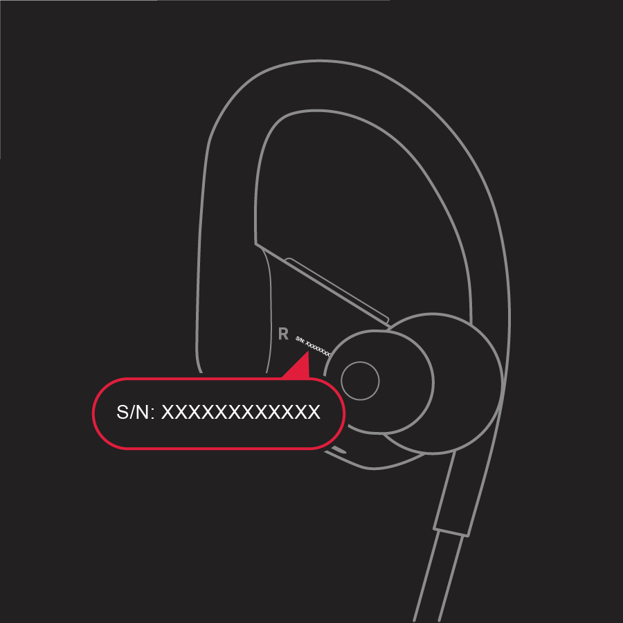 The serial number is located on the inner side of the right earbud.