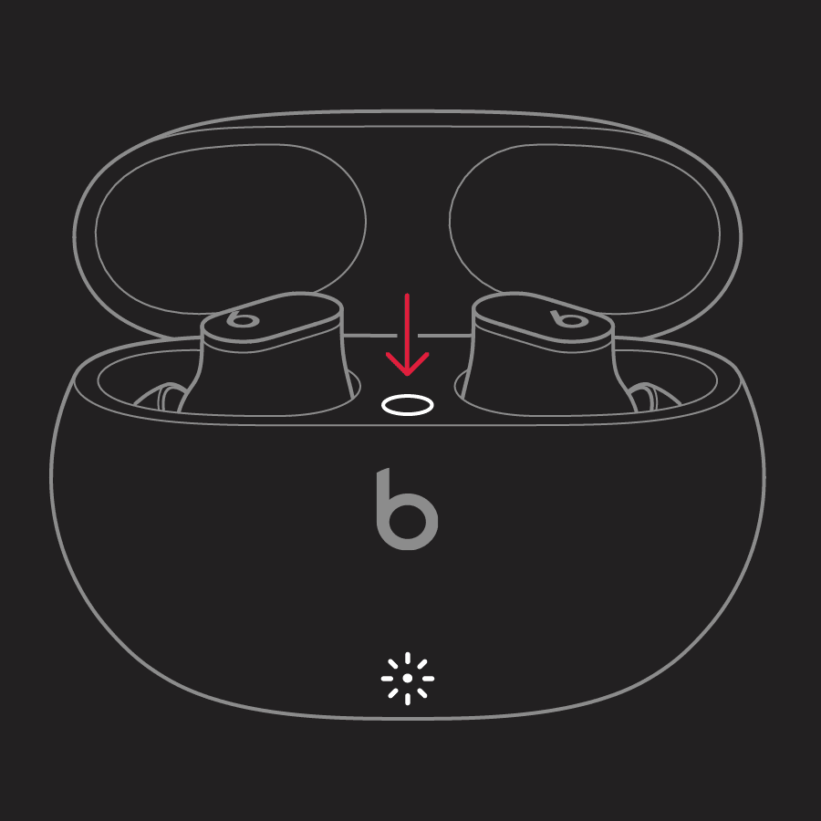 illustration of case open with earbuds inside and arrow pointing to system button
