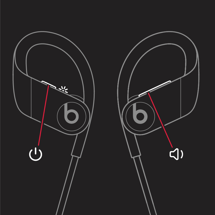 diagram showing Powerbeats headphones power and volume down buttons