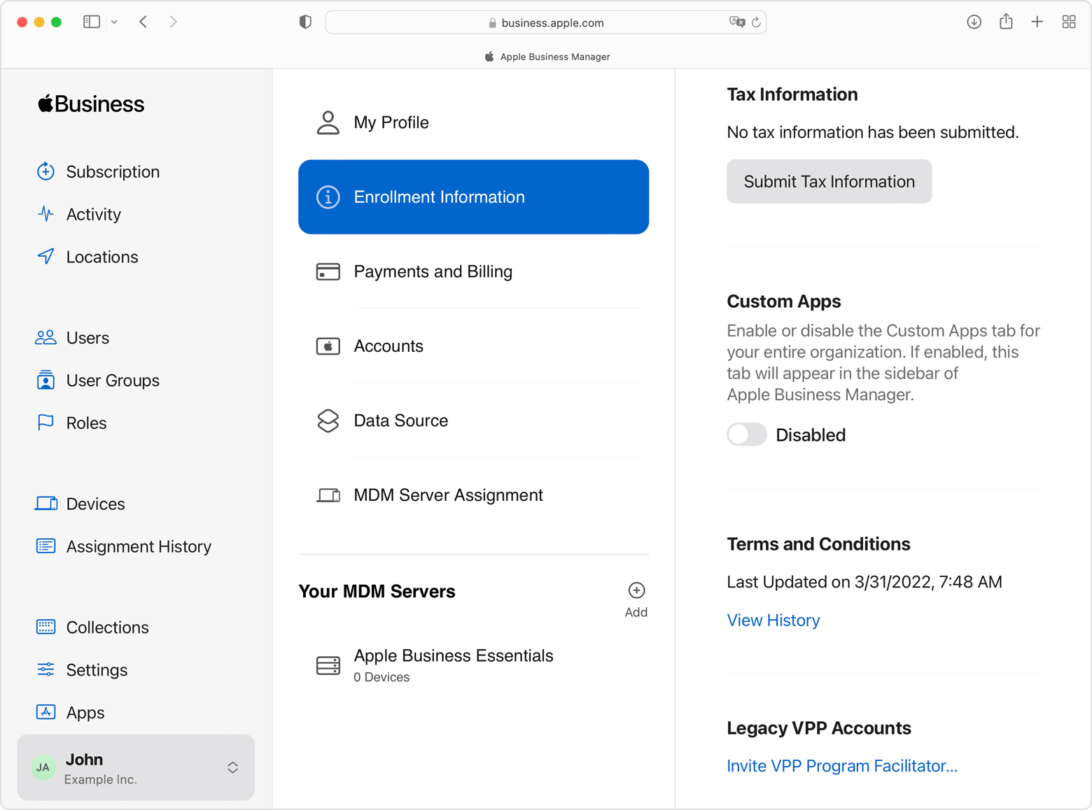Apple 商务管理中“组织设置”的“注册信息”标签页