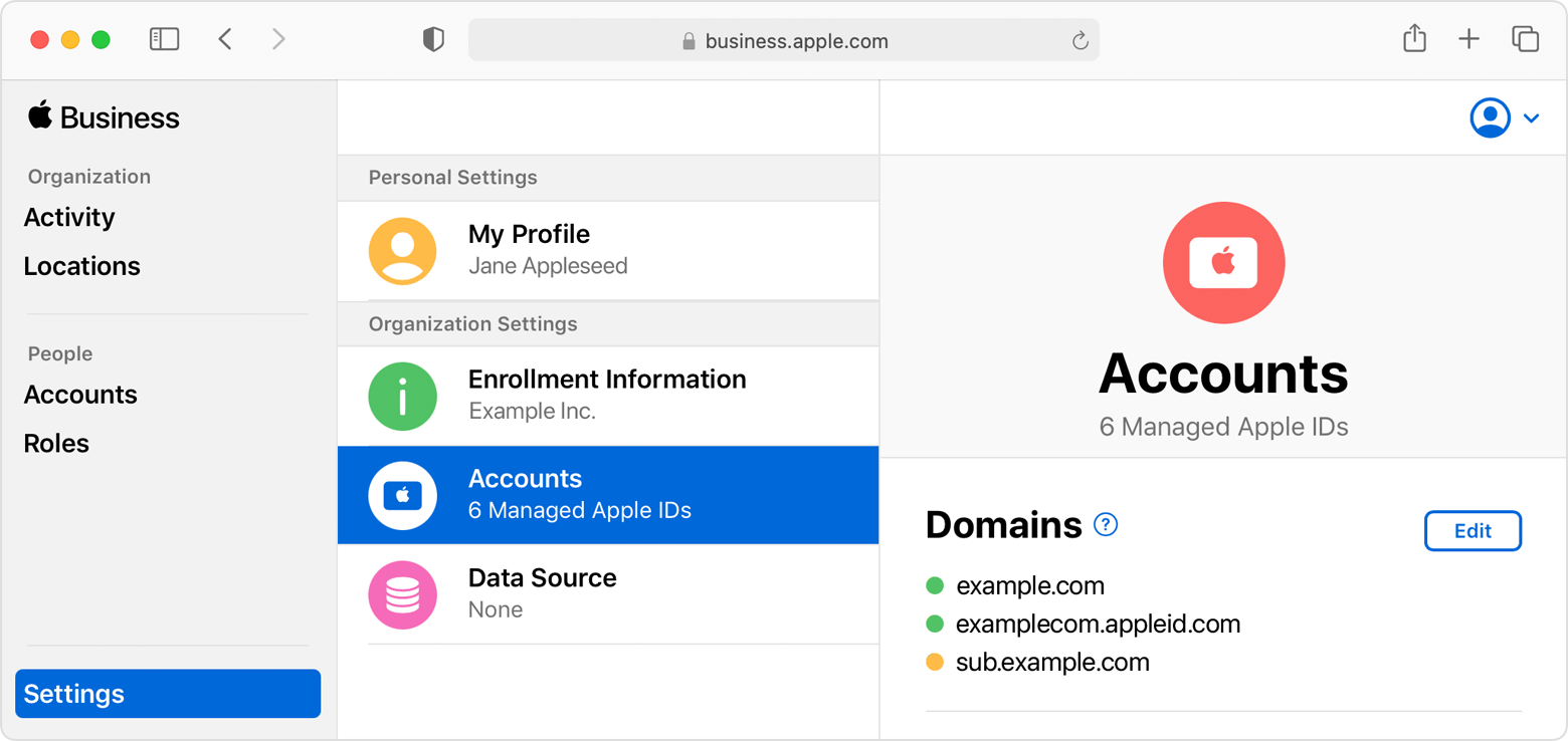 Ogled domen na zavihku »Organization settings« (Nastavitve organizacije) v nastavitvah Apple Business Manager