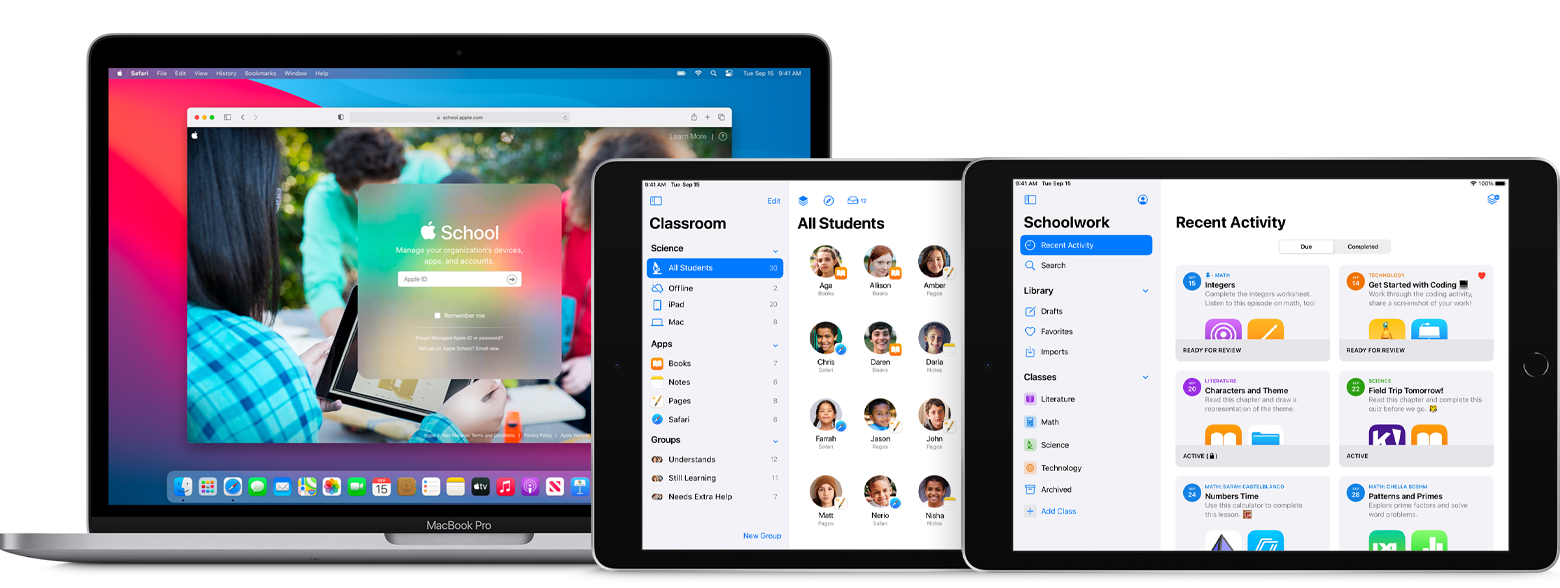 En MacBook Pro som visar inloggningssidan för Apple School Manager samt två iPad-enheter som båda använder appen Skolarbete.