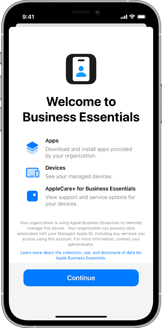 iPhone showing Welcome to Business Essentials screen