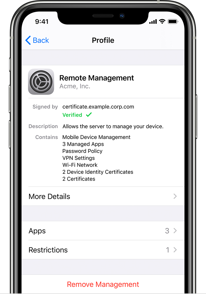 iPhone en el que se muestra un perfil instalado en Admón. de dispositivos y VPN