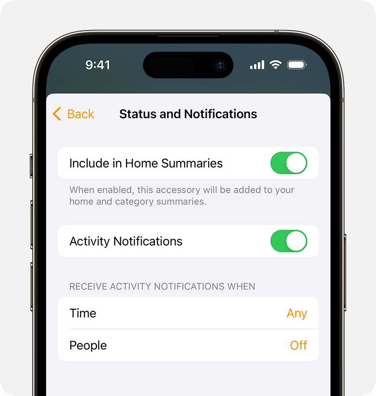 Time is set to Any and People is set to Off under Receive Activity Notifications When on the Status and Notifications screen