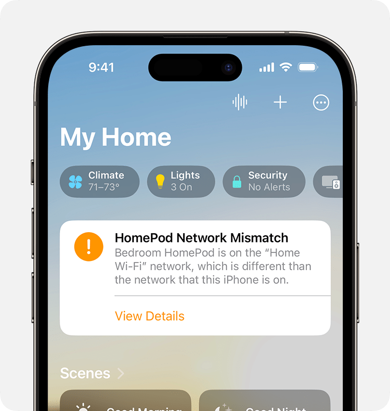 The HomePod Network Mismatch alert appears near the top of the Home Screen in the Home app