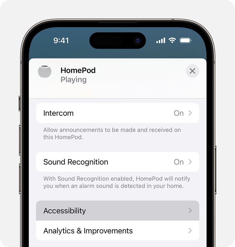 Accessibility appears before Analytics & Improvements on the HomePod setting screen