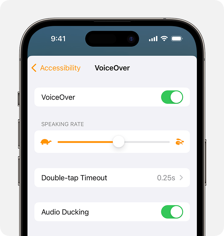 VoiceOver is enabled, Speaking Rate is set to 50%, Double-tap Timeout is .25s seconds, and Audio Ducking is enabled
