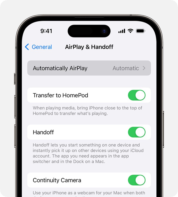 Automatic is selected for Automatically AirPlay on the AirPlay & Handoff screen on iPhone