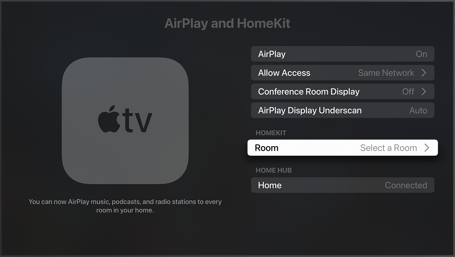 Room appears under HomeKit on the AirPlay and HomeKit screen in Apple TV settings