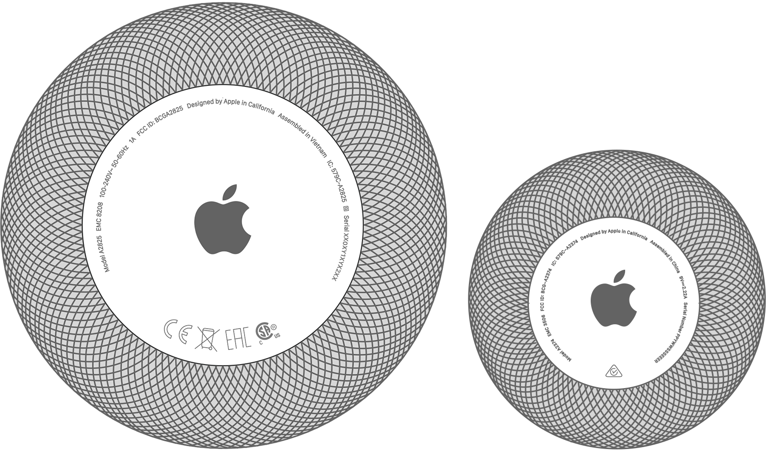 A bottom view of HomePod next to a bottom view of HomePod mini